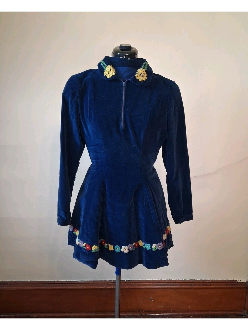 Vintage Mini Dress, Embroidered Flower Figure Skating Costume Blue Velvet